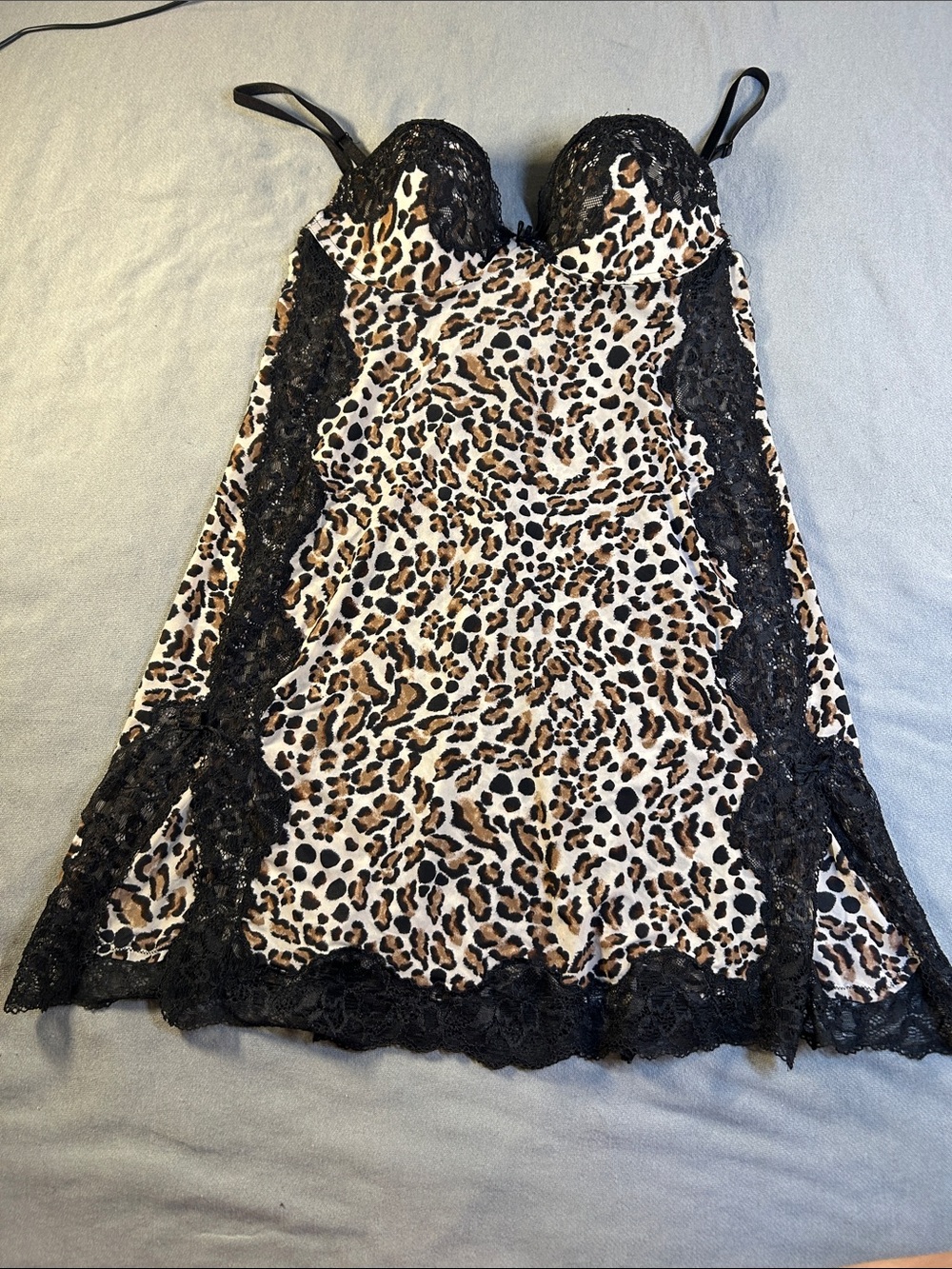 Victoria's Secret Leopard-Print Lace Slip Chemise underwire cups black and brown